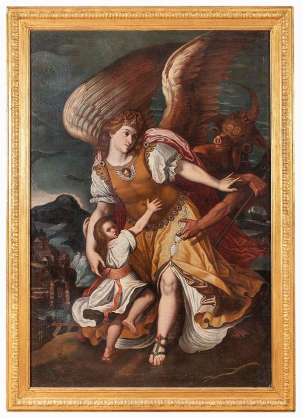 DIPINTO L&#39;ANGELO CUSTODE DI PITTORE TEDESCO FINE CINQUECENTO