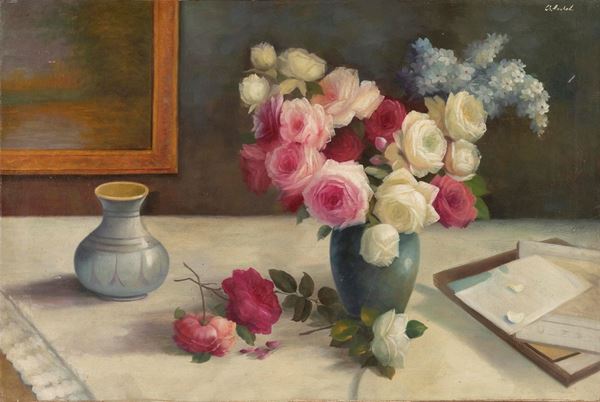 DIPINTO VASO DI ROSE F.TO CH. ANCHEL