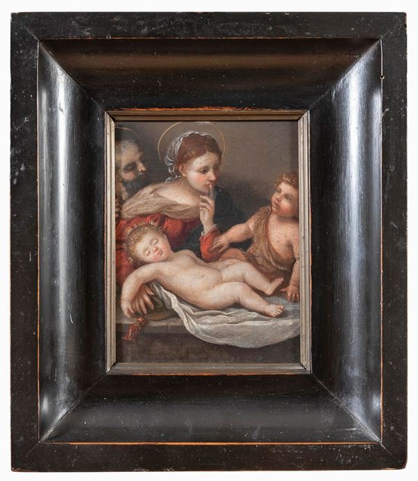 RAME SACRA FAMIGLIA DI PITTORE SENESE DEL XVI SECOLO