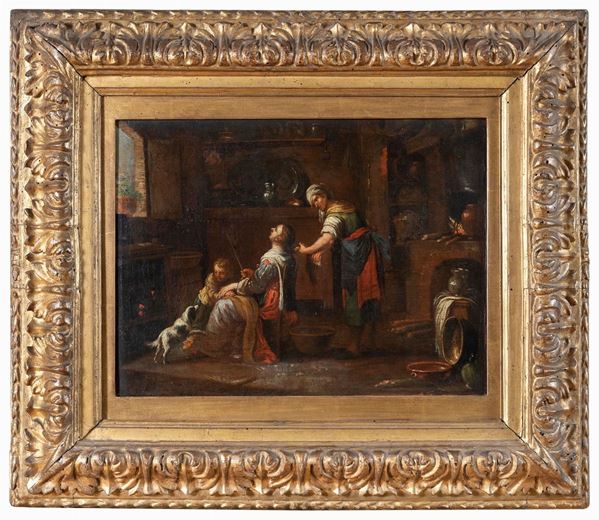 SCENA DI TOLETTA DI PITTORE OLANDESE DEL SEICENTO