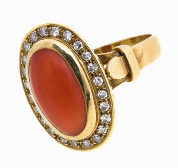 ANELLO CON CORALLO ROSA E BRILLANTI