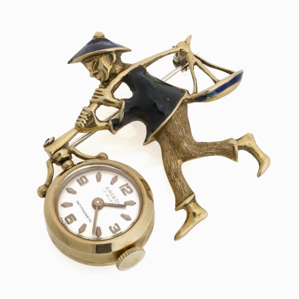 SPILLA CON OROLOGIO A SMALTI BLU  E NERI