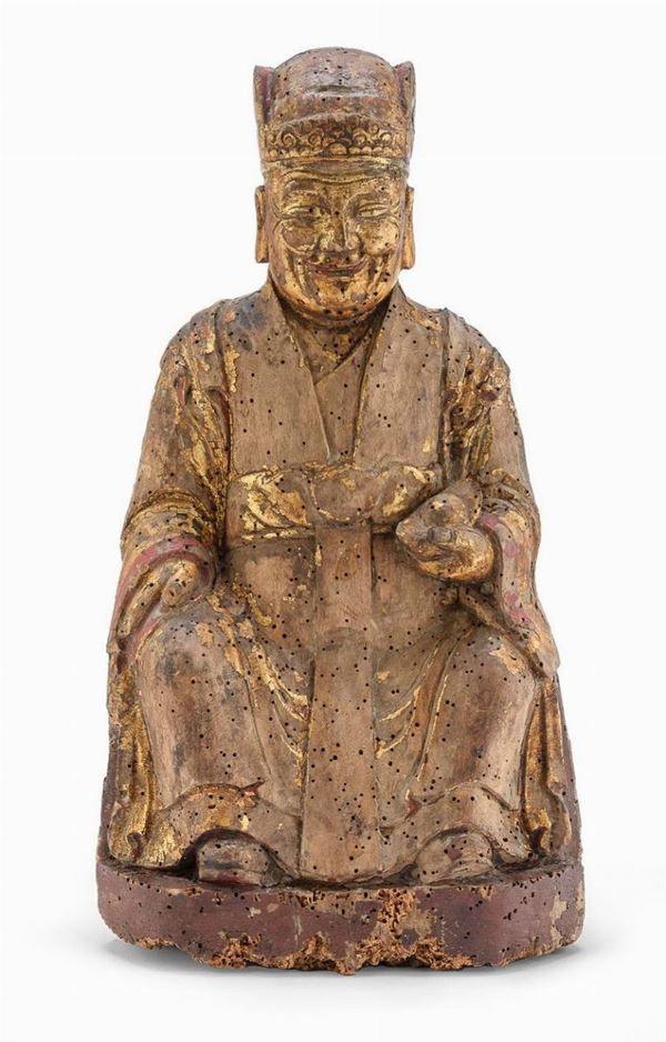 SCULTURA DI CAI SHEN IN LEGNO LACCATO, CINA
