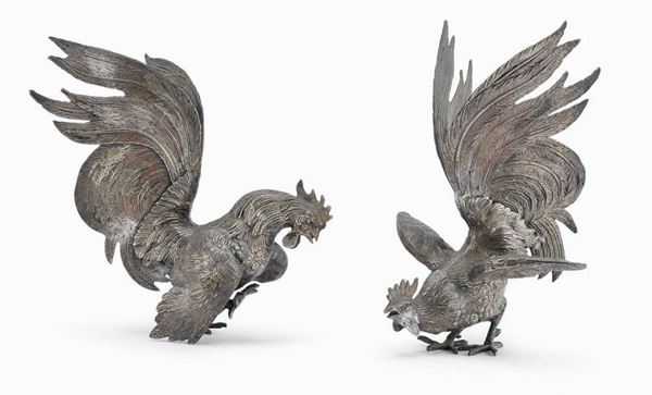 COPPIA DI GALLI IN BRONZO ARGENTATO