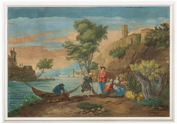 GRANDE DIPINTO PAESAGGIO CON PESCATORI DI SCUOLA FRANCESE