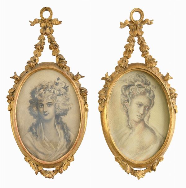 COPPIA DI MATITE DONNE CON CAPIGLIATURE D&#39;EPOCA