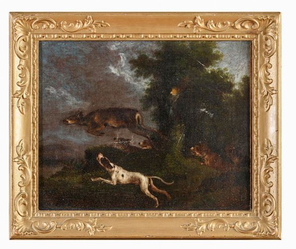COPPIA DI DIPINTI CANI DELLA BOTTEGA DEL CRIVELLONE