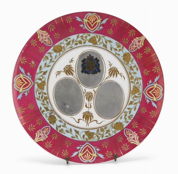 PIATTO IN PORCELLANA E ARGENTO, CASA SAVOIA PUNZONE KARL FABERG&#200;