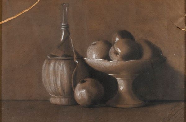 DIPINTO NATURA MORTA DI FIASCO E FRUTTA F.TO BOGNIER