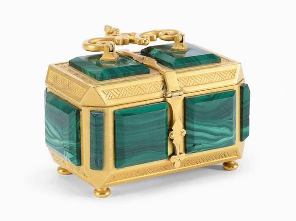 COFANETTO IN BRONZO E MALACHITE, PROBABILMENTE RUSSIA