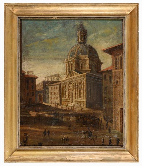 VEDUTA CON CHIESA BAROCCA DI MANIERA SETTECENTESCA