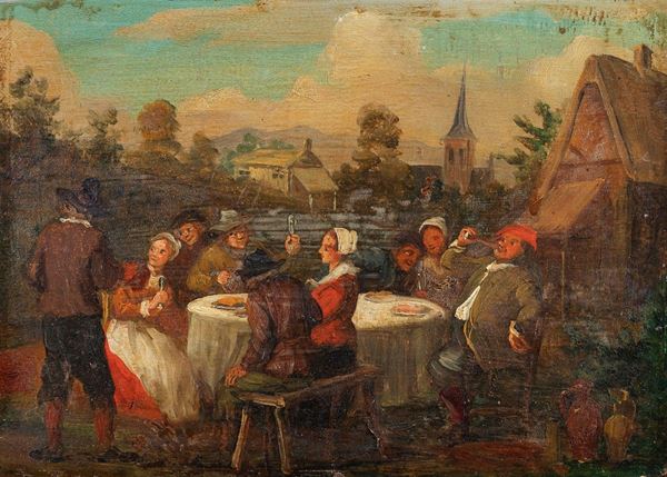 DUE DIPINTI SCENE CONVIVIALI DI PITTORE OLANDESE