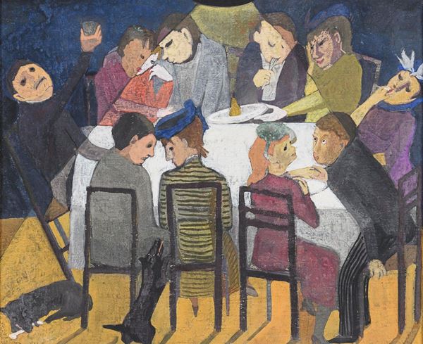 TEMPERA CON SCENA DI PASTO CONVIVIALE