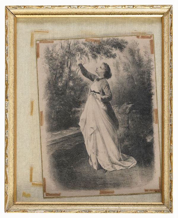 INCISIONE DONNA IN GIARDINO
