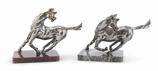 COPPIA DI CAVALLI IN BRONZO ARGENTATO