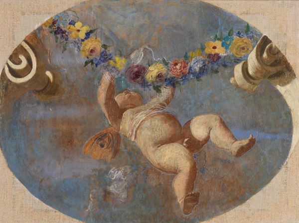 DIPINTO CHERUBINO CON GHIRLANDA DA CIELO DI SOFFITTO