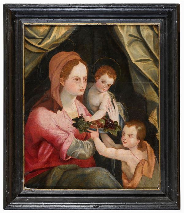 DIPINTO SU TAVOLA MADONNA COL BAMBINO E SAN GIOVANNINO