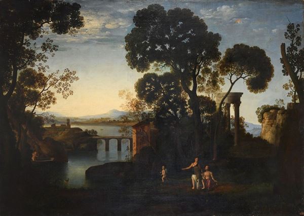 PAESAGGIO CON ERCOLE ED ONFALE DI PITTORE FRANCESE DEL SETTECENTO