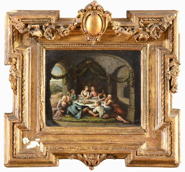 DIPINTO SCENA CONVIVIALE DI PITTORE OLANDESE DEL SETTECENTO