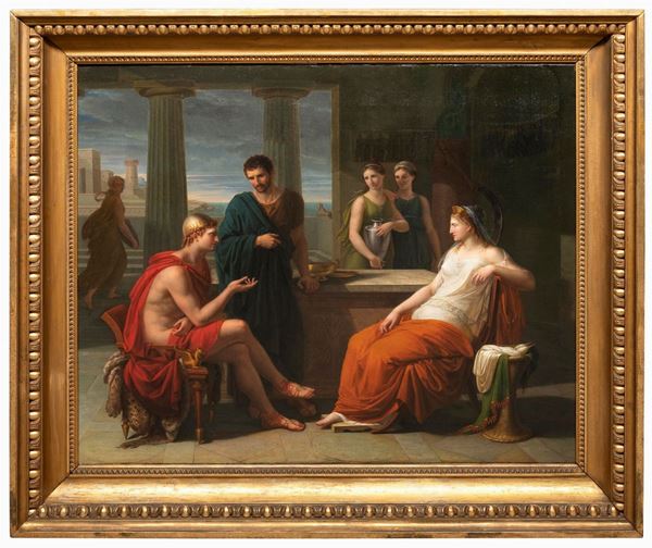 DIPINTO TESEO PERSUADE ARIANNA DI PITTORE FRANCESE NEOCLASSICO