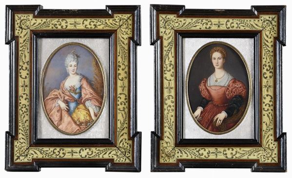 COPPIA DI MINIATURE GENTILDONNE CON CORNICI IN AVORIO