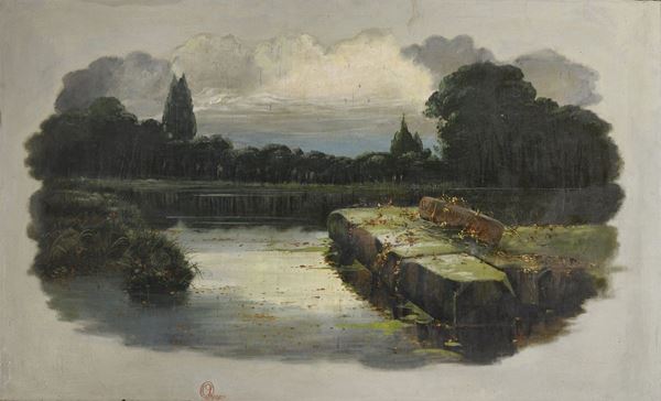DIPINTO PAESAGGIO LACUSTRE F.TO A. GRECO
