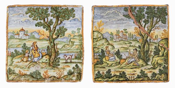 COPPIA DI GRANDI MATTONELLE IN MAIOLICA, CASTELLI