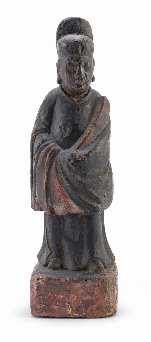 SCULTURA DI LETTERATO IN LEGNO DIPINTO, CINA