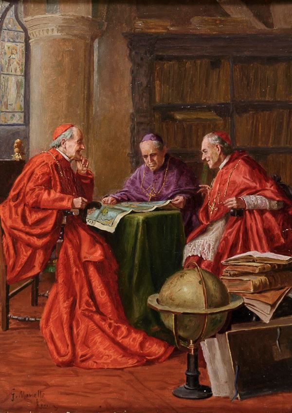 DIPINTO CARDINALI CON CARTE GEOGRAFICHE, F.TO G. MORELLI