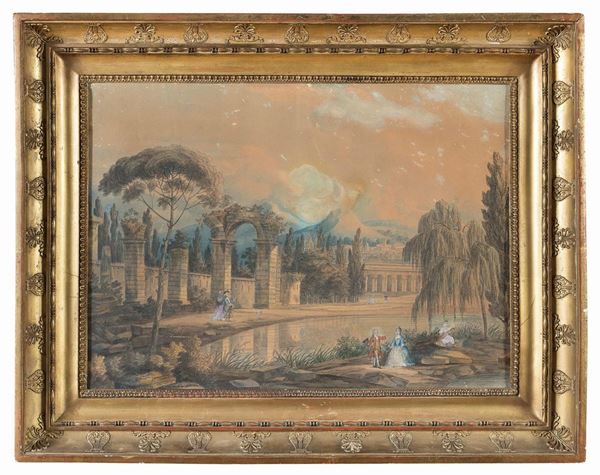 ACQUERELLO PARCO DI GINEVRA DI LOUIS-GABRIEL MOREAU