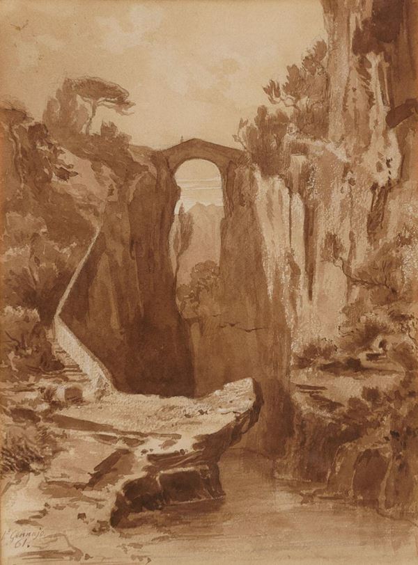 ACQUERELLO PAESAGGIO ROCCIOSO, DATATO 1861