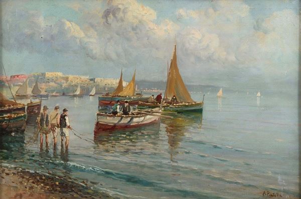 DIPINTO BARCHE DI PESCATORI DI PITTORE NAPOLETANO