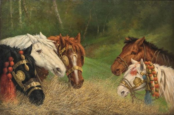 DIPINTO CAVALLI CON BARDATURA A FESTA