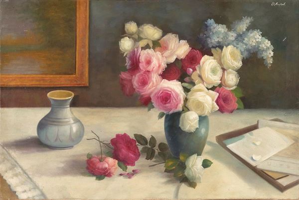 DIPINTO VASO DI ROSE F.TO CH. ANCHEL