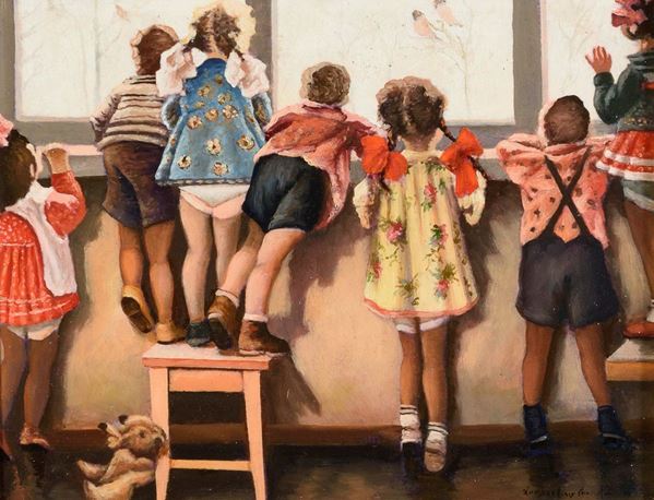 DIPINTO BAMBINI ALLA FINESTRA