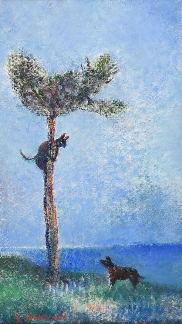 DIPINTO CANE E GATTO DI GIOVANNI OMICCIOLI