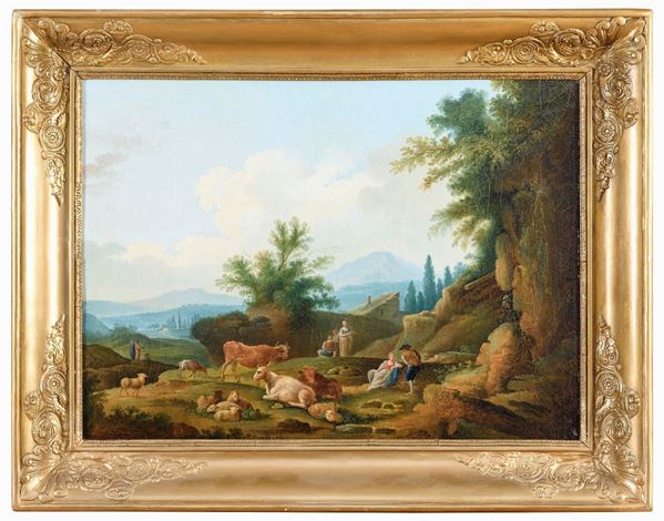 PAESAGGIO CON SCENE ARCADICHE DI PITTORE FRANCESE