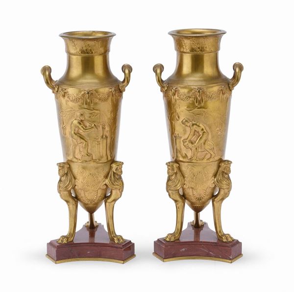 COPPIA DI VASI IN BRONZO DORATO, FERDINAND BARBEDIENNE