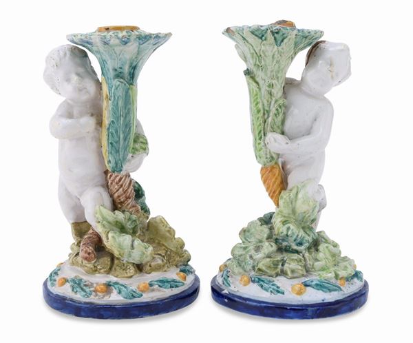 COPPIA DI CANDELIERI IN CERAMICA, FAENZA 1883