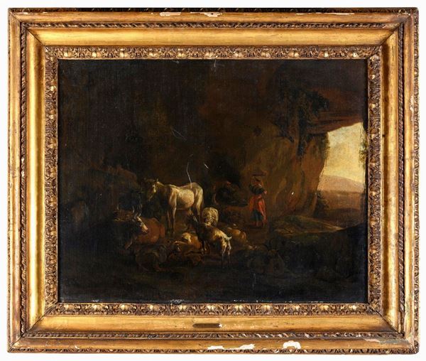 DIPINTO GROTTA CON PASTORI DELL&#39;AMBITO DI KAREL DUJARDIN
