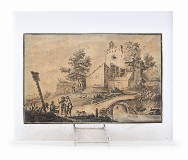 SEPPIA PAESAGGIO CON TORRE DI SEGUACE DI DAVID TENIERS