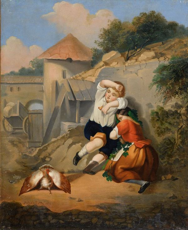 DIPINTI BAMBINI E PAVONE DI ANTONIO ROTTA