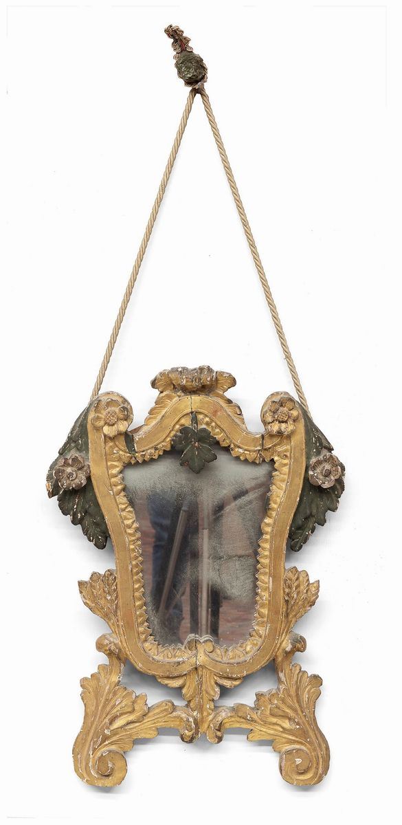 SPECCHIERA IN LEGNO DORATO E LACCATO, XVIII SECOLO