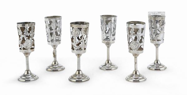 SEI BICCHIERINI DA LIQUORE IN ARGENTO, MESSICO 1970 ca.