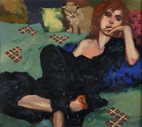 DIPINTO DONNA SUL DIVANO, F.TO CARLOS