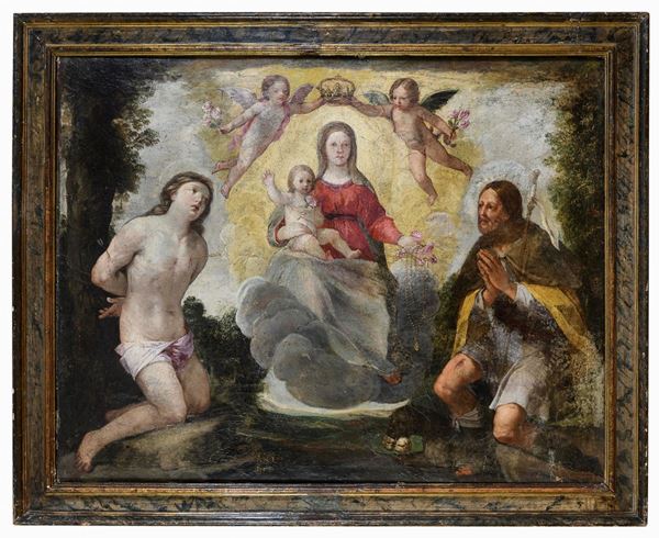 DIPINTO MADONNA DEL ROSARIO DI PITTORE BOLOGNESE DEL SEICENTO