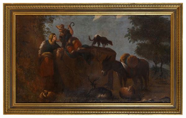 DIPINTO PAESAGGIO CON PASTORI DI PITTORE ROMANO