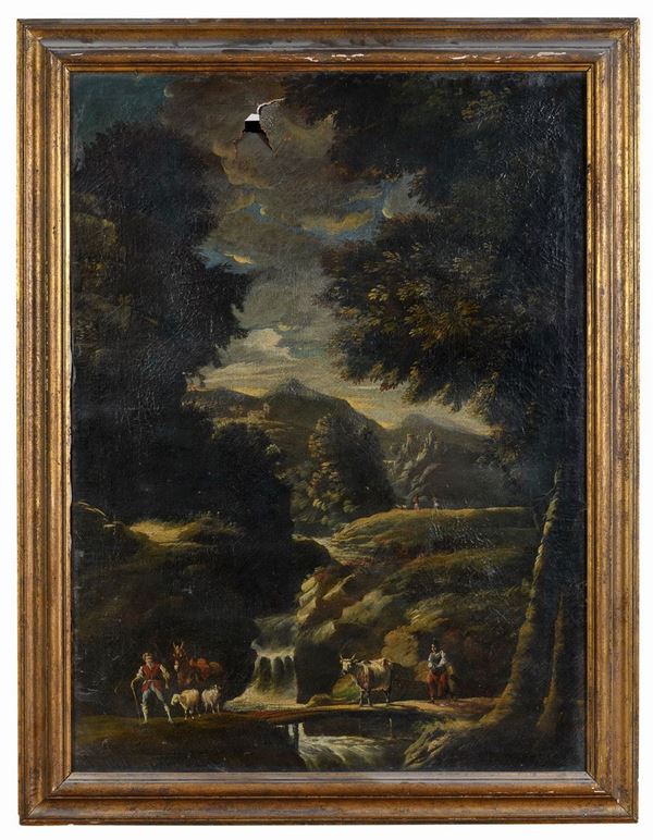 PAESAGGIO CON CASCATELLE DI PITTORE D&#39;OLTRALPE ATTIVO A ROMA