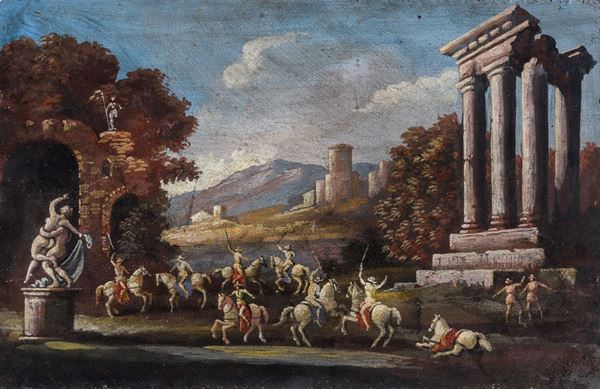 DIPINTO PAESAGGIO CON ROVINE E CAVALIERI IN BATTAGLIA