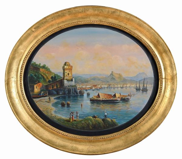 GOUACHE NAPOLETANA GOLFO CON ROCCA E PESCATORI